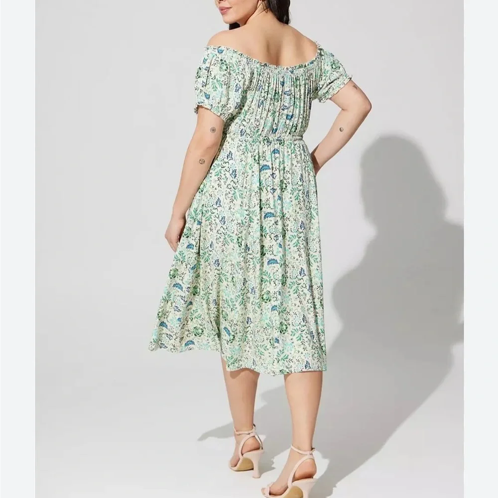 Torrid Off-Shoulder Midi Dress 3X Short Sleeves Ditzy Floral Cottagecore Peasant - Picture 2 of 14